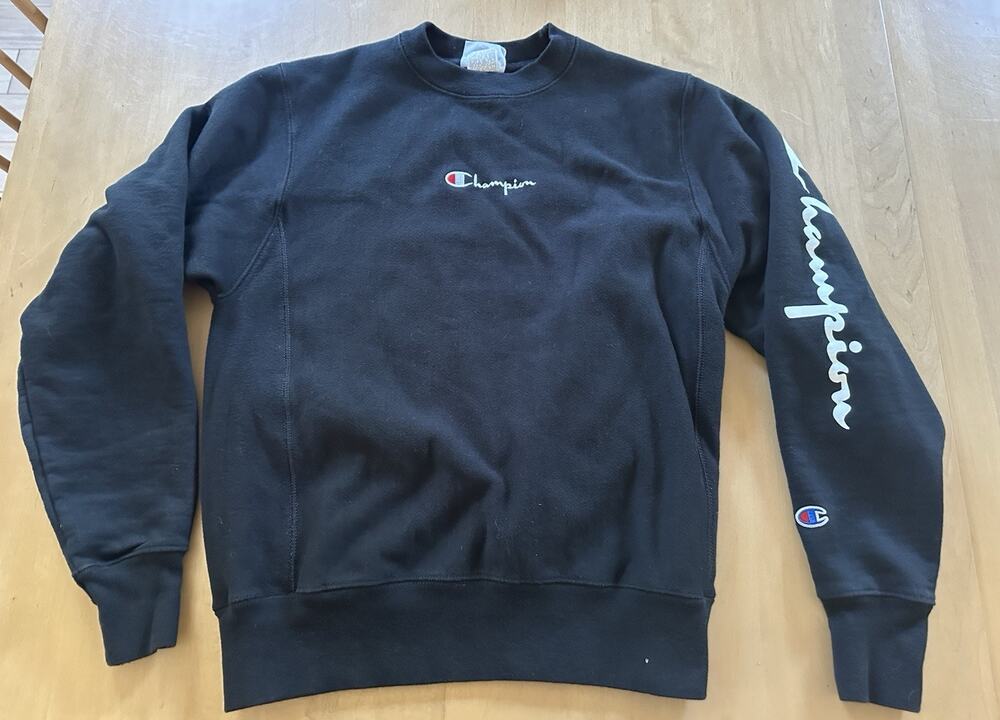 Champion Reverse Weave Black Heavyweight Crewneck Sweatshirt Embroidered Logo S